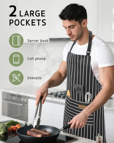 Syntus Apron for Men Women, Adjustable Cooking Kitchen Apron with 2 Pockets | Machine Washable, Firm Stitching, Stain Resistance, Long Tie Straps, 2 Pockets, Versatility, Unisex Use, Gift, BBQ - color: Basic Stripe Black Brown, style: 2 Polycotton