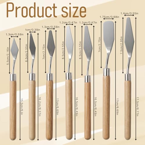 7 PCS Palette Knives, Pallet Knife Paint Knife with Wood Handle and Palette Scraper, Stainless Steel Painting Knives for Oil Pastel Acrylic Paint Canvas Texturing Color Mixing Cake Decorating