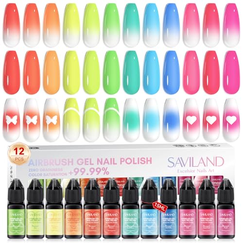 SAVILAND Airbrush Gel Nail Polish Hema-Free: Dilution-Free Colorful Airbrush Nail,12 Colors 15ml Non-Acetone for Nails French Manicure DIY Salon & Party & Bar Social Nail Art - color: Fluorescent Color