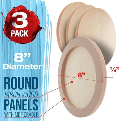 U.S. Art Supply 8" Round Unfinished Cradled Wood Panels for Painting | Studio 3/4" Deep (3 Pack) - Artist Depth Wooden Wall Canvases - Mixed-Media Craft, Acrylic, Oil, Encaustic, Paint Pouring - size: 8", style: Round Studio Depth