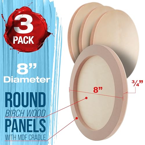 U.S. Art Supply 8" Round Unfinished Cradled Wood Panels for Painting | Studio 3/4" Deep (3 Pack) - Artist Depth Wooden Wall Canvases - Mixed-Media Craft, Acrylic, Oil, Encaustic, Paint Pouring - size: 8", style: Round Studio Depth