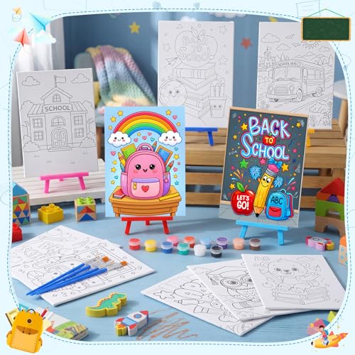 Blosssound 10 Set Back to School Pre Printed Canvas Pre Drawn Canvas Painting with Easel Kits 5" x 7" Outline Painting Panels for Beginners, DIY Craft Project, Party Favor, Home Decors - style: Back to School