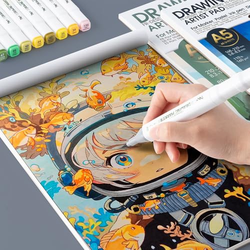 TRANSON A5 Small Sketchbook Marker Pad, 110lb/160gsm Heavyweight Art Paper, No Bleed Through, 65 Sheets/130 Pages 5.8"x8.3" for Drawing & Sketching - size: A5 160gsm