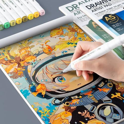 TRANSON A5 Small Sketchbook Marker Pad, 110lb/160gsm Heavyweight Art Paper, No Bleed Through, 65 Sheets/130 Pages 5.8"x8.3" for Drawing & Sketching - size: A5 160gsm