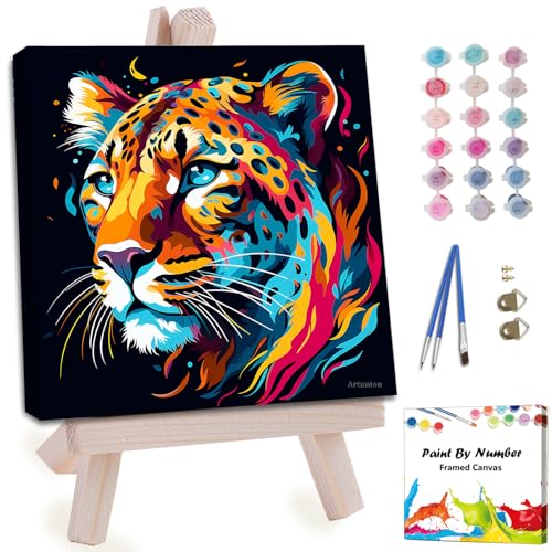 Artunion Framed Paint by Numbers Kit for Adults Beginners & Kids Ages 8-12,Colorful Cheetah Paint by Number with Frame,Animals Paint by Numbers Kit on Canvas 10 * 10 Inch Without Easel - color: ZXT-268-F