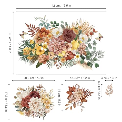 Joeyan Boho Flower Bouquets Rub On Transfers for Furniture and Crafts, 2 Large Flower Design Sheets 12''x18'', DIY Home Decal on Wood Glass Metal Canvas Porcelain Paper Plastic, Champagne Season - style: Boho Flower Bouquets