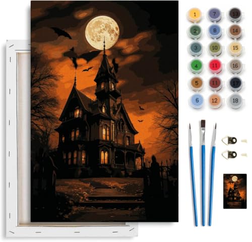 Spandrel Paint by Numbers for Adults Halloween Haunted House Canvas Oil Painting Kit, Gothic Spooky Full Moon Horror Landscape Number Painting, Dark Halloween Wall Art Decor Gift for Beginners - color: H-11