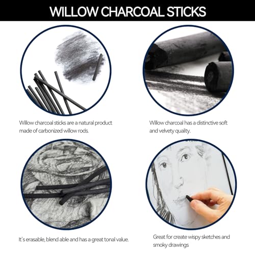 PANDAFLY 25 Pack Willow Charcoal Sticks, 7-9mm, Black Artist Vine Charcoal - size: 7-9mm