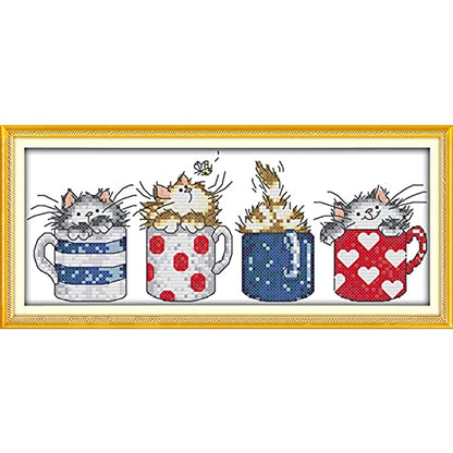 Stamped Cross Stitch Kits 11CT 3 Strands Full Range of Crossstitching Kits Preprinted Easy Patterns for Girls Crafts DMC Printed Cross-Stitch Kits for Beginner- Cats Hide in The Cups，14.6x6.7(inch) - color: Cats hide in the cups，14.6x6.7(inch)