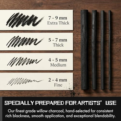 100 Pcs Willow Charcoal Sticks, Black Willow Charcoal for Artists Beginners Students, Drawing Charcoal for Sketching and Shading, Art Supplies(2-4mm, 4-5mm, 5-7mm,7-9mm)