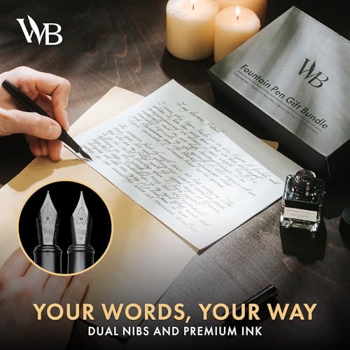 Wordsworth & Black Fountain Pen Gift Set, Medium & Extra Fine Nib,All Black | For Men & Women, Brass Body, 18K German Iridium, Ink Bottle + 6 Cartridges, Converter, Writing & Calligraphy, Journaling - color: All Black