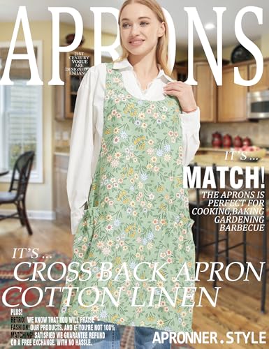 Cozy Adjustable Cross Back Aprons for Women with Pockets Cotton Linen Cooking Kitchen Baking - color: Green Sunflower