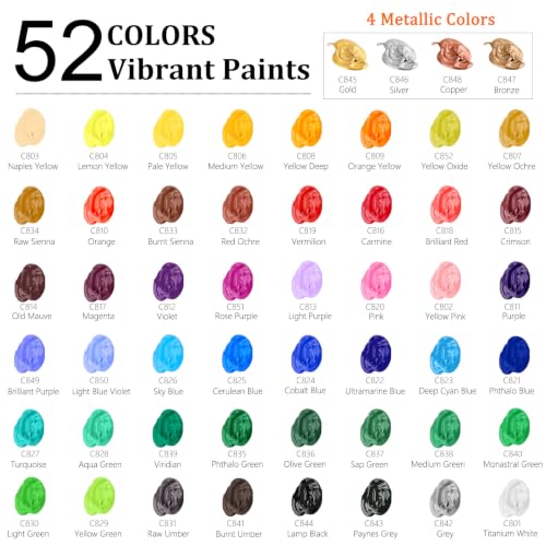 Caliart 52 Colors Acrylic Paint Set with Painting Brushes | Rich Pigment, Craft Painting Kit for Adults Artists, Halloween Pumpkin Canvas Wood Rock Ceramic Fabric Art Supplies Paints - color: Regular, size: 2 Fl Oz (Pack of 52)