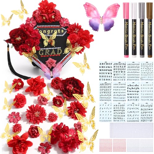 Lyrow 51 Pcs DIY Graduation Cap Decorations Kits Included Grad Cap Pens Faux Flowers Letter Number Stencils Rhinestones Stickers 3D Butterflies for Grad Hat Topper Decors Craft Art DIY(Red) - color: Red