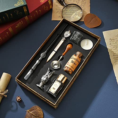 Joyeee Antique Wooden Pen and Ink Set, Sealing Stamp Kit for Artist with Wax Seal Beads, Black ink, Ink Cups, Silver Letter Opener, Wax Melting Spoon and Metal Pen Holder, Christmas Birthday Gift Box - color: #74 silver