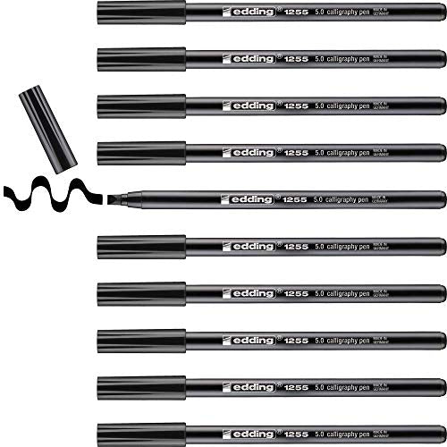 edding 1255 Calligraphy Pen - Black - Box of 10 - Calligraphy Nib 5 mm - Fibre Pen for Paper, Wood, Terracotta, Canvas - Hand Lettering, Bullet journals, Thank You Cards, Calligraphy Books - color: 11: 10 Pens - Black