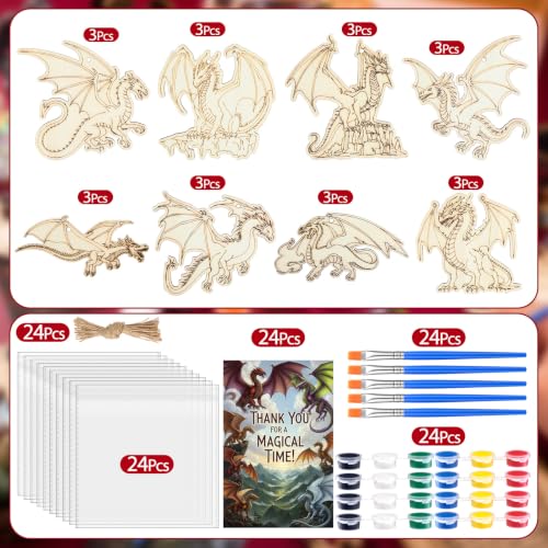 Saypacck 24 Pcs Party Favors Wooden Painting Craft Kits Birthday Party Supplies with Organza Bag for Goodie Bags Fillers Adult Thank You Gifts(Dragon) - style: Dragon