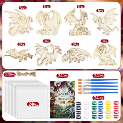 Saypacck 24 Pcs Party Favors Wooden Painting Craft Kits Birthday Party Supplies with Organza Bag for Goodie Bags Fillers Adult Thank You Gifts(Dragon) - style: Dragon