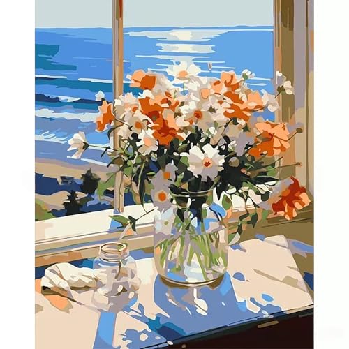 NKVNKV Paint by Numbers Kit for Adults Beginners - Floral Series, DIY Flower Canvas for Panting Kits for Gift and Wall Room Decoration 16x20 Inch (Without Frame) - color: Chrysanthemum（Frameless）