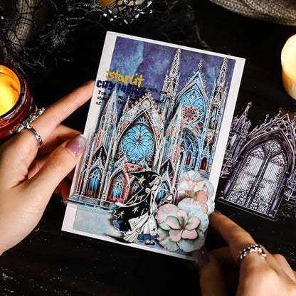 60PCS Moonlight City PET Stickers, Large Gothic Castle Stickers for Scrapbooking, DIY Crafts, Journaling, and Junk Journal Ephemera with Organizer - color: Moonlit City