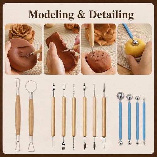 47PCS Pottery Tools Kit, Ceramic Tools, Clay Sculpting Tools | Stainless Steel Tools, Wooden Handles and Silicone Shapers for Sculpting and Carving, Ideal for Beginners and Artists