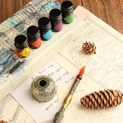 Feather Glass Dip Pen and Ink Set, Glass Calligraphy Pen with 5 Colors Ink and Pen Holder for Writing Drawing– MU-21