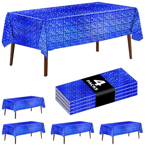 4 Pack Iridescent Blue Plastic Tablecloths Laser Table Covers Shiny Holographic Foil Tablecloth Disposable Rectangle Table Covers for Birthday Wedding Christmas Holiday Party Decorations 54x108 Inch - color: Blue
