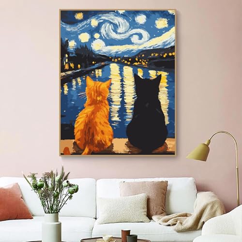 Paint by Numbers Kit for Adults Beginner Animal,Starry Night Cat,16x20" - color: 16"X20"Rolled Canvas(Frameless)-Cat 5