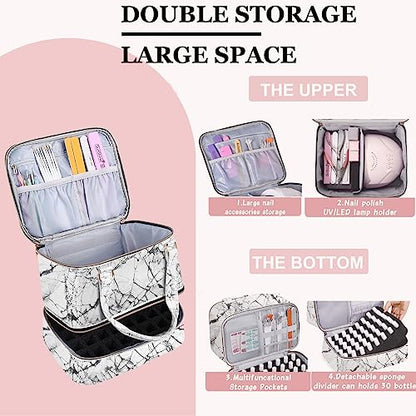 FCQQYWZ Nail Polish Organizer Case - Holds 30+ Bottles (15ml/0.5 fl.oz) and 1 Nail Lamp, Upgraded Double-layer Nail Polish Carrying Case Nail Polish Storage Bag with Handles (WHITE) - color: White-30Bottles