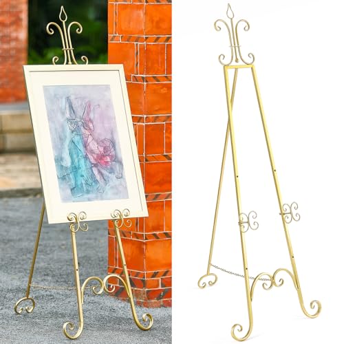 20"L x 26.75"W x 56.5"H Large Easel Stand for Display, Adjustable Heigh Metal Gold Easel Stand with Chain Support, Heavy Duty Easel for Mirror, Sign, Wedding, Picture Frame. (No Installation Required)