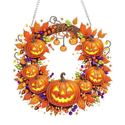 Eiflow Acrylic Diamond Art Hanging Kit for Adults, DIY Diamonds Painting Door Hanger Board Kit, Special Crystal Diamond Art Painting Pendant Ornament (Pumpkin Wreath) - color: Pumpkin Wreath