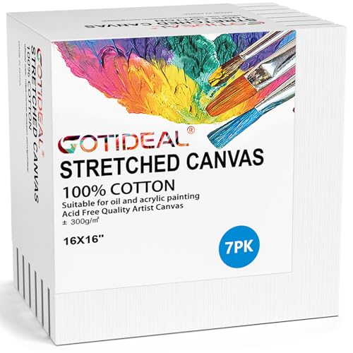GOTIDEAL Stretched Canvases for Painting, 16x16 Inch Set of 7, Primed White | 100% Cotton Blank Art Square Canvas Boards for Painting for Acrylic Pouring, Oil Paint Dry & Wet Art Media - color: White, size: 16"x16"