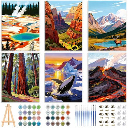 EggSun 6 Pack Framed Paint by Numbers Kit for Adults,Beginners with Wooden Easel,DIY Acrylic Oil Painting Paint by Numbers Kits on Canvas for Home Decor(National Park Landscape,8x12Inch) - style: National Park