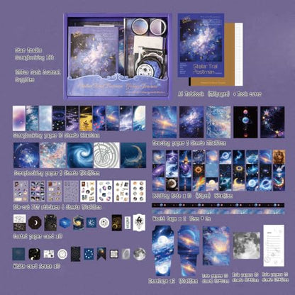 Diuhofart Star Trails Scrapbooking Kit, 128 Pcs Journal Set | Includes A6 notebook, galaxy papers, PET stickers, washi tape and ephemera for celestial journals, cards and memory books. - color: Star Trails Postman