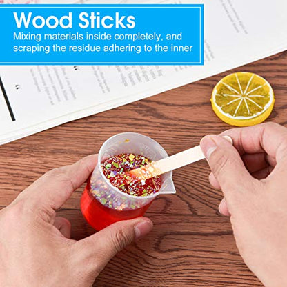 Coopay 12 Pack 100ml/3.4oz Plastic Beakers Epoxy Mixing Cups, Plastic Graduated Cups Clear Multipurpose Measuring Cups with 50 Pack Wooden Stirring Sticks for Resin, Epoxy, Stain, Mixing Paint - size: 100ml