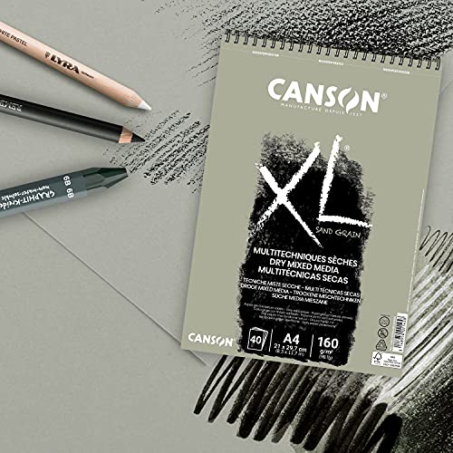 CANSON XL Sand Grain Dry Mixed Media 160gsm A4 Paper 40 Grey Sheets - size: SPIRAL GREY 40S A4