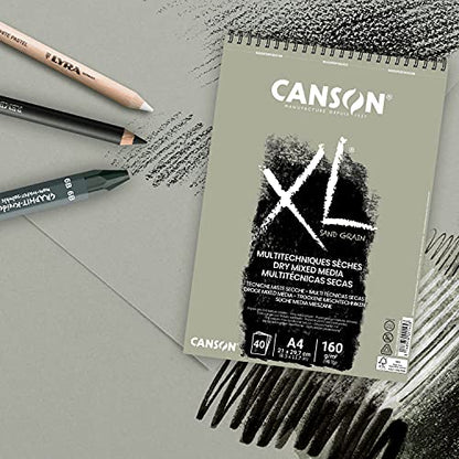 CANSON XL Sand Grain Dry Mixed Media 160gsm A4 Paper 40 Grey Sheets - size: SPIRAL GREY 40S A4