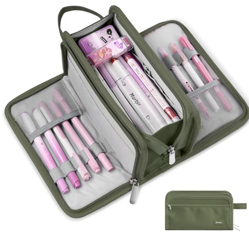 Sooez Large Pencil Case, Pencil Pouch, Pencil Bag, Pencil Box, Army Green | Ample Storage, Durable Canvas, Smooth Zippers, Portable Handle, Cute Stationery Organizer, Makeup Bag, School Supplies, Boys - color: Army Green