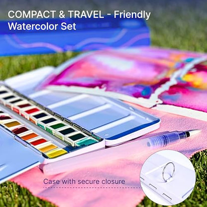Watercolor Paint Set 24 Colors in Half-Pans|Tin Box&Waterbrush|Pro-Grade Pigments - size: 24 Count (Pack of 1)