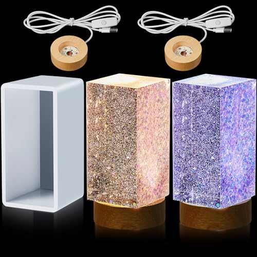 Honoson 3 Pieces Light Resin Silicone Mold Set, Includes 1 Resin Mold and 2 USB Powered Wooden Lighted Base Stands for DIY Table Candle Desktop Lamp Ornaments(2 x 3.5 Inches,Cuboid) - size: 2 x 3.5 Inches, style: Cuboid