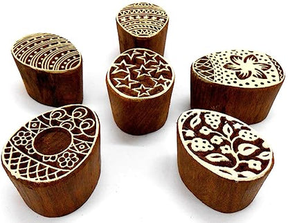 CraftsofIndia® Egg/Oval Wooden Blocks for Stamping, Block Printing on Textiles, Pottery Crafts,Henna, Wall Painting (Set of 6) - size: Pack # 101