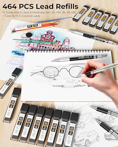STAGEEK Mechanical Pencil Set with Canvas Bag 30 Count, Drawing Pencils 0.5, 0.7, 0.9MM & 3PCS 2MM Sketching Pencils with 464PCS Lead Refills (6B 4B 2B HB 2H 4H Color) for Artist Drafting Drawing - style: Canvas Bag