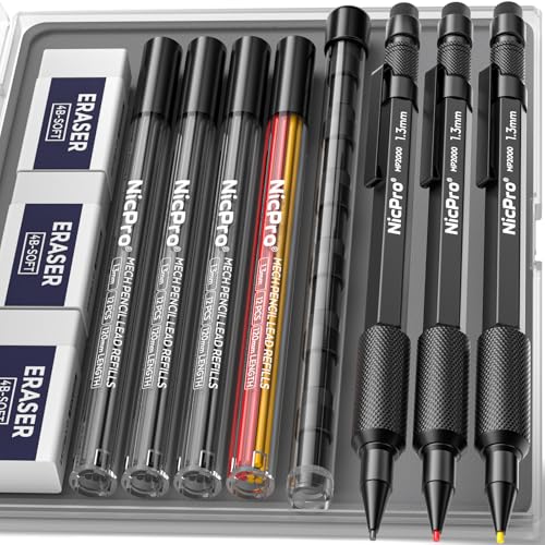 Nicpro 3 PCS 1.3 mm Mechanical Pencils Set with 48 Lead Refill, 3 Eraser - style: 3 Pack (Black)