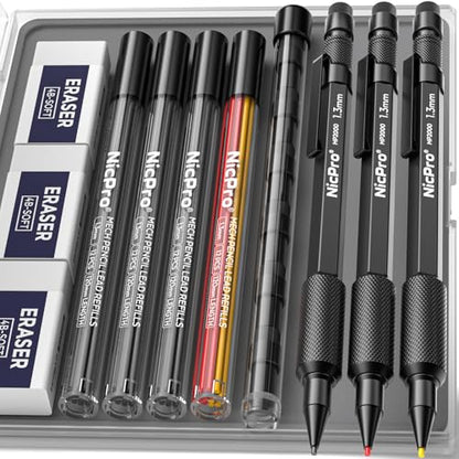 Nicpro 3 PCS 1.3 mm Mechanical Pencils Set with 48 Lead Refill, 3 Eraser | MP2000 Black Weatherproof Metal Barrel, Heavy Duty Carpenter Pencil for Outdoor Construction Marking Drafting and Drawing - style: 3 Pack (Black)