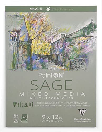 Clairefontaine - Ref 975382C - Paint'ON Mixed Media Sage Glued Pad (20 Detachable Sheets) - 22.29 x 30.5cm (9 x 12in), 250gsm Heavyweight Paper (USA Version) - color: Green Grey, size: 9 x 12 inches