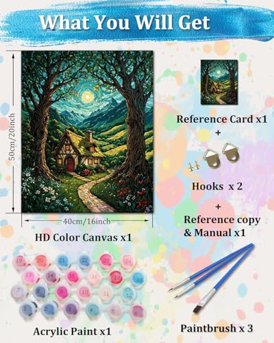 TOCARE Cabin Paint by Numbers Kit for Adults, Cabin in the Moonlit Forest Adult Paint by Number Canvas,Adults' Paint-by-Number Kits Nature Scenery 16x20inch (Without Framed) - color: TC-OPC5594