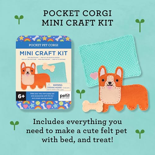Petit Collage: Mini Craft Kit: Pocket Pet Corgi Dog - Portable Felt Sewing Kit with Precut Pieces, Thread, Stuffing, Child‑Safe Needle & Tin – Screen‑Free Fine Motor Toy for Ages 6+ - color: Corgi