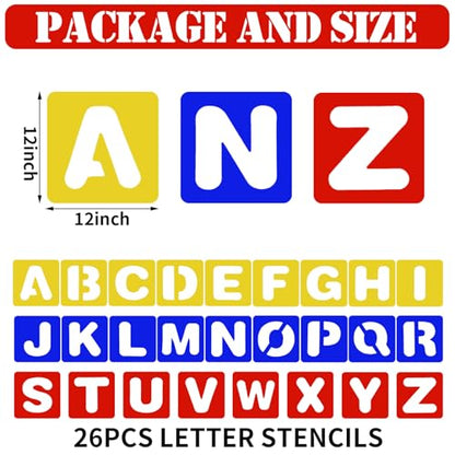 TecUnite 26 Pieces Alphabet Stencils Set Plastic Letter Stencils for Painting Learning, DIY Craft Decoration (12 x 12 Inches) - size: 12 x 12 Inches
