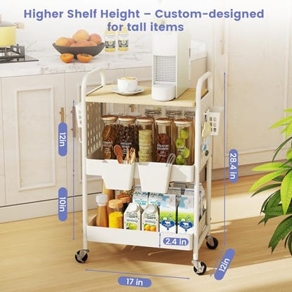 3 Tier Rolling Cart with Wooden Table Top, White Rolling Utility Cart with DIY Pegboards & Locked Wheels, Easy Assembly for Nursery, Living Room, Studio - color: White