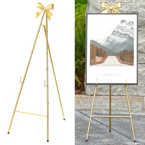 53”H Metal Gold Easel Stand for Sign Heavy Duty with Bow Top | Large Adjustable Display Standing for Wedding Displaying Pictures Poster Holder Showcasing - color: Golden bow top